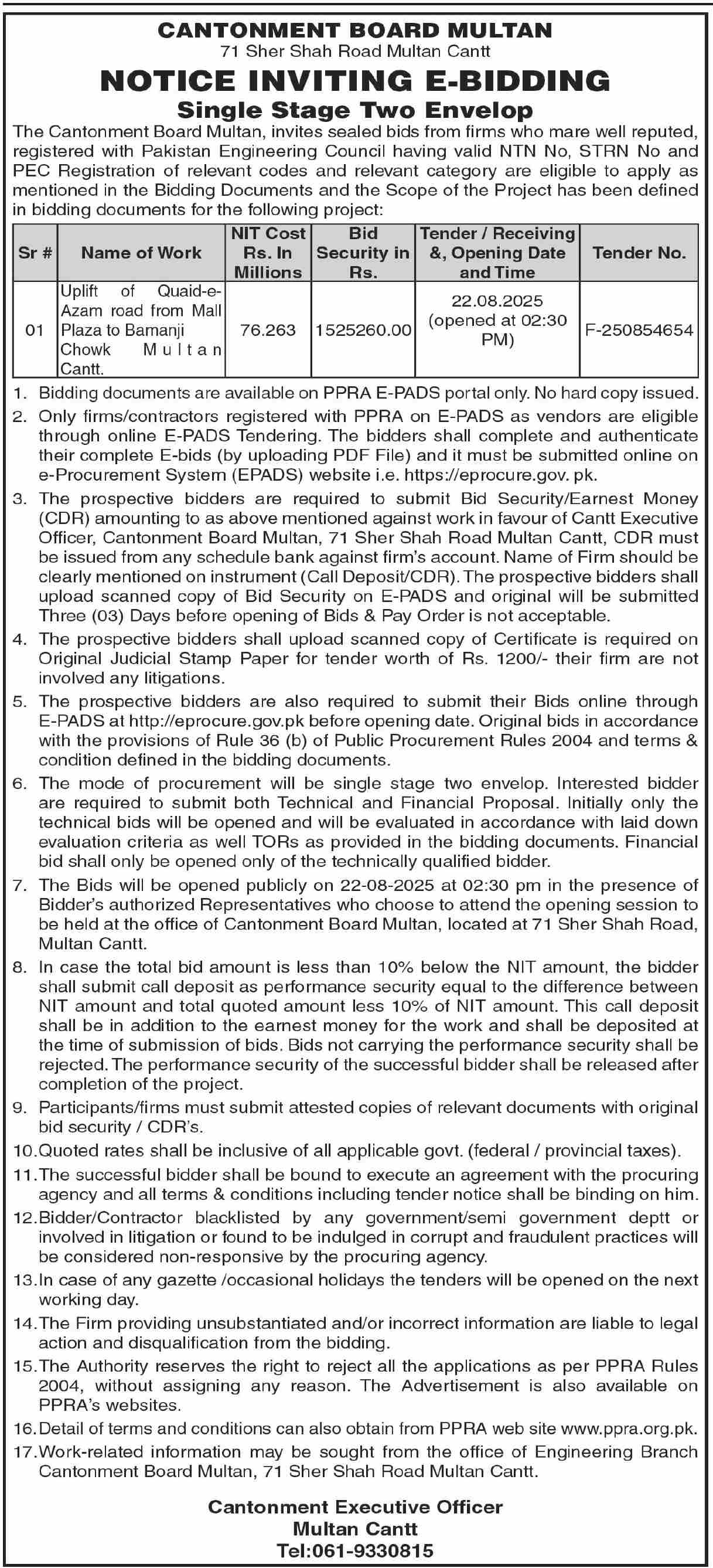 Cantonment Board Multan Tender Notice